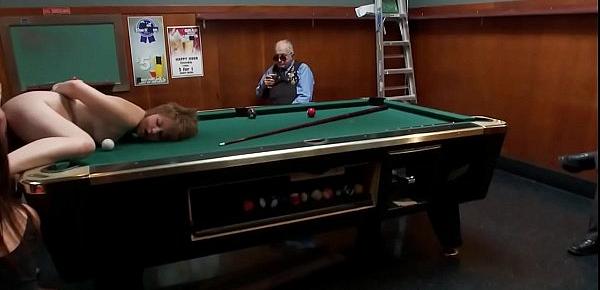  Blindfolded fucked in public pool bar